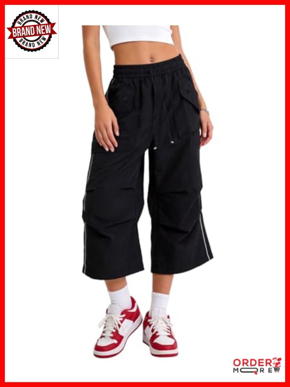 Women's Cropped Cargo Pants Baggy Wide Leg Capri Drawstring Waist Pockets